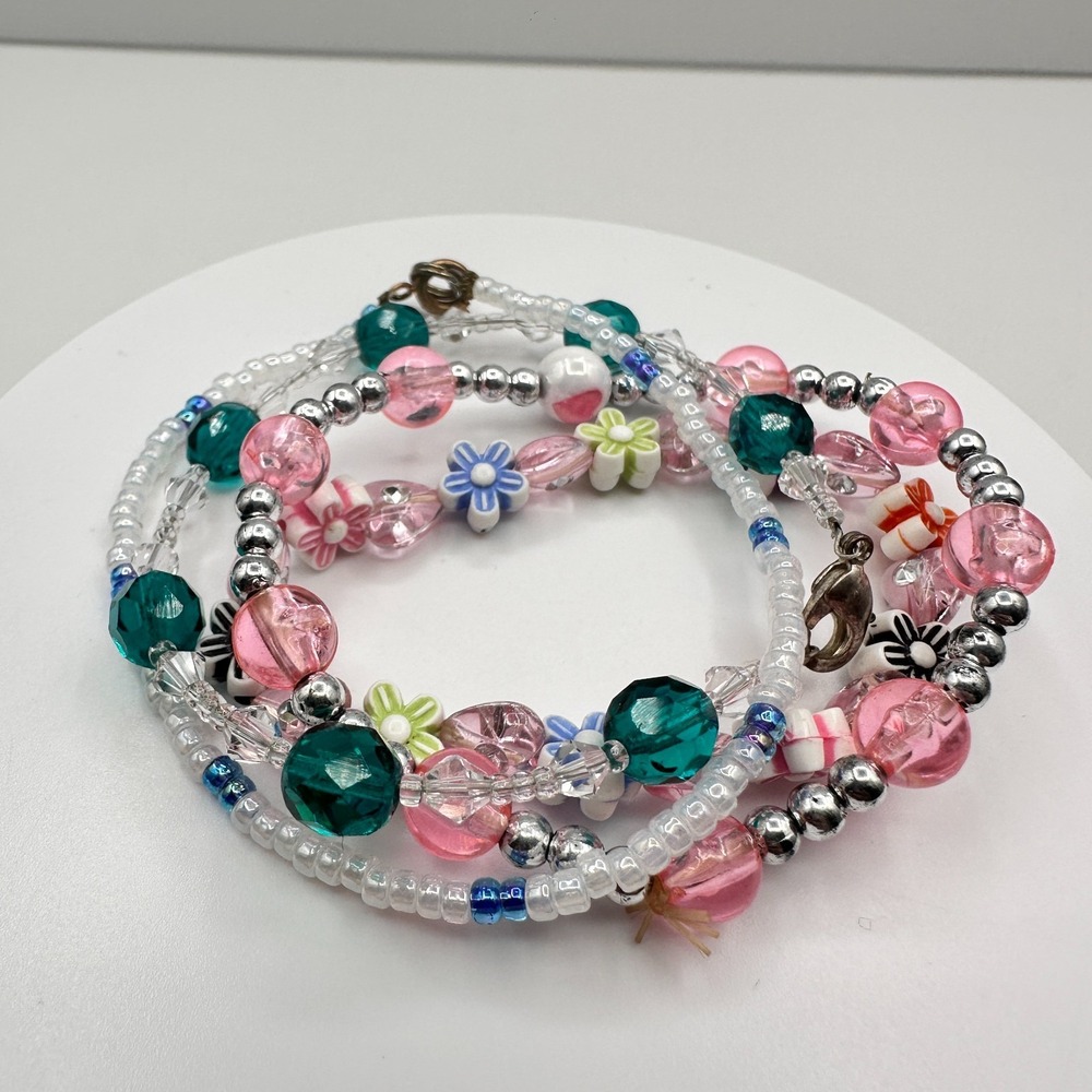 Vintage 90s Multi-Strand Beaded Bracelet Set Floral Pink Teal Boho Stack